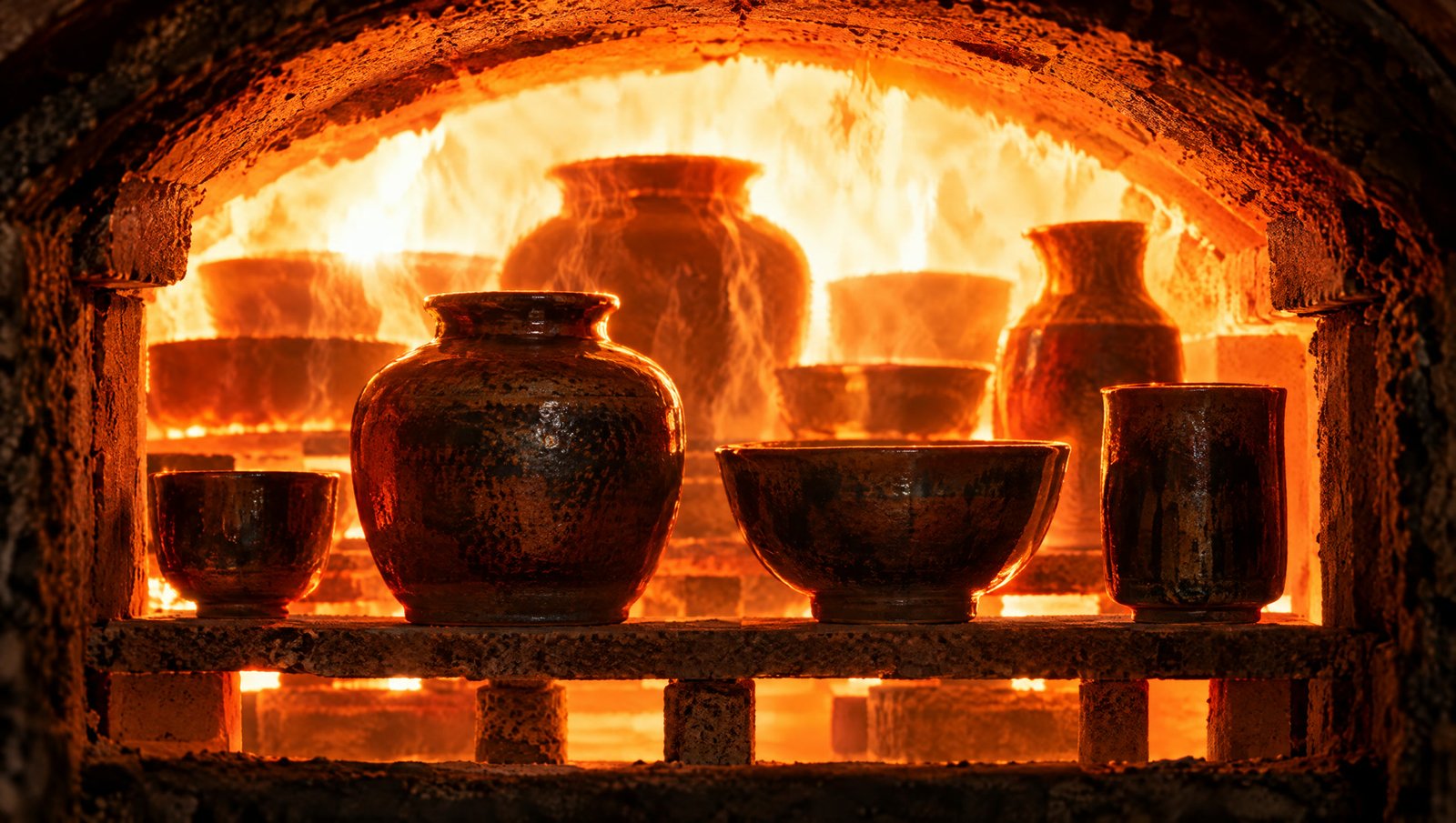 A kiln interior glowing orange-white around stoneware pots
